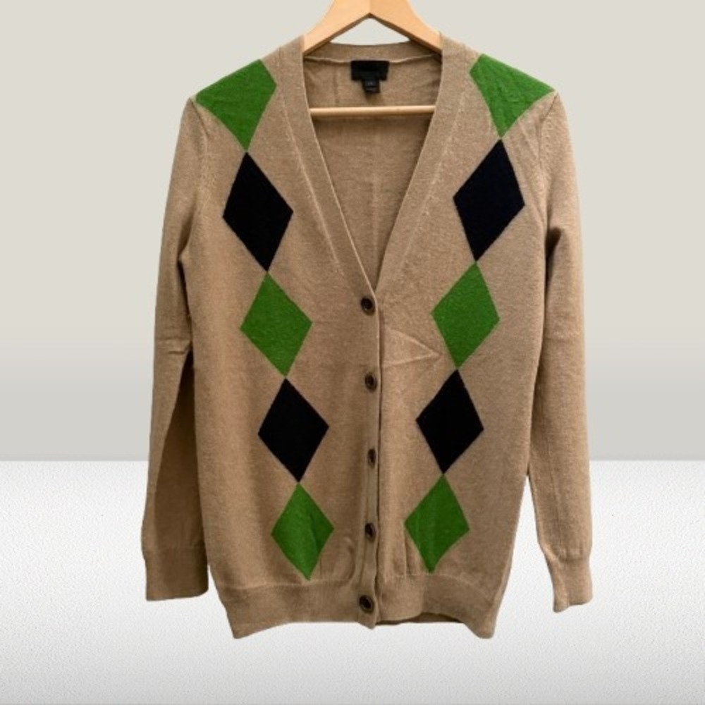 J. Crew Collection Italian Cashmere Argyle Cardigan Sweater Tan Green Navy XS